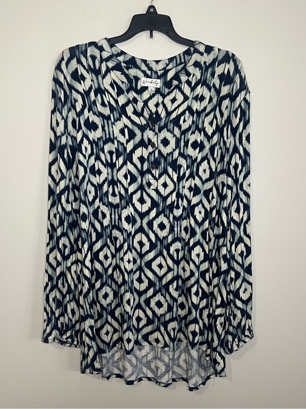 Wonderly Navy and White Geometric Henley Tunic